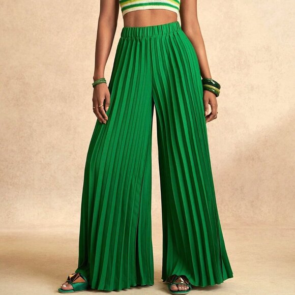 Green Casual Women's Elegant Pleated Wide-Leg Elastic Waist Pants - Picture 5 of 8